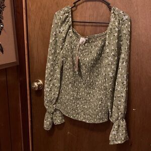 Olive Green Smocked Floral Square-Neck Blouse with sheer  Sleeves